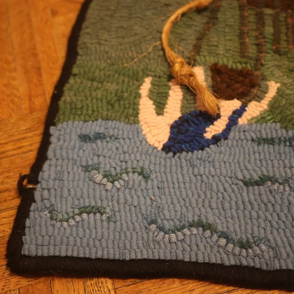 HAND HOOKED Rug Summer Lake House Boat Scene FOLK ART River 25x19
